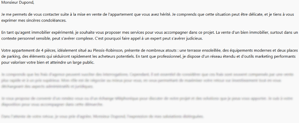 Capture d'une génération de mail de prospection sur Allready.  Utilisée dans l'article "Optimisez votre service client avec l'IA".