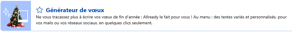 Capture de l'encart de présentation du modèle "Générateur de vœux" disponible sur Allready. Utilisée dans l'article "Optimisez votre service client avec l'IA".