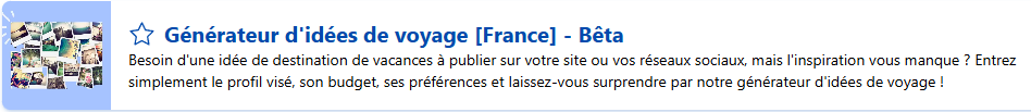 Capture de l'encart de présentation du modèle "Générateur d'idées de voyage [France]" disponible sur Allready. Utilisée dans l'article sur l'IA dans le tourisme.