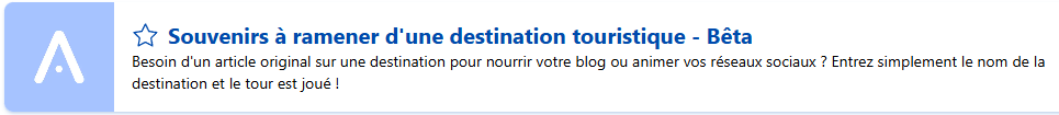 Capture de l'encart de présentation du modèle "Souvenirs à ramener d'une destination touristique" disponible sur Allready. Utilisée dans l'article sur l'IA dans le tourisme.