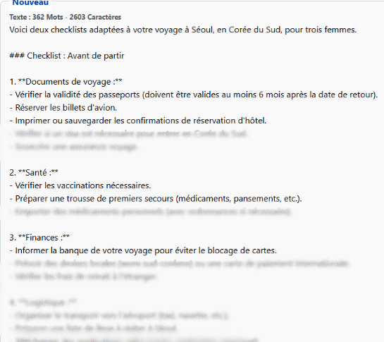 Zoom sur une génération de checklist de voyage sur Allready. Utilisée dans l'article sur l'IA dans le tourisme.