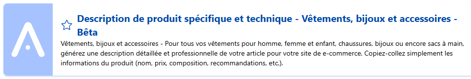 Capture de l'encart de présentation du modèle "Description de produit spécifique et technique - Beauté, bien-être et parapharmacie" disponible sur Allready. Utilisée dans un article IA e-commerce.