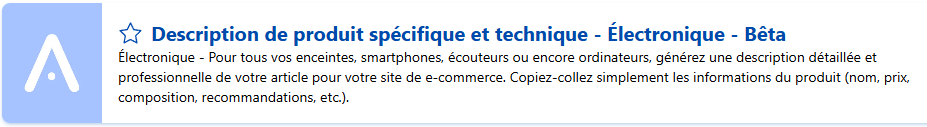 Photo de l'encart de présentation du modèle "Description de produit spécifique et technique - Beauté, bien-être et parapharmacie" disponible sur Allready. Utilisée dans un article IA e-commerce.