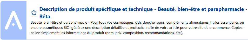 Capture de l'encart de présentation du modèle "Description de produit spécifique et technique - Beauté, bien-être et parapharmacie" disponible sur Allready. Utilisée dans un article IA e-commerce.