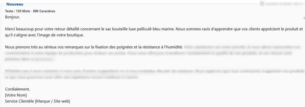 Zoom sur une génération de réponse à un avis sur un produit sur Allready.