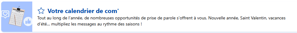 Capture de l'encart de présentation du modèle "Votre calendrier de com'" disponible sur Allready. Utilisé dans l'article sur l'IA et les réseaux sociaux.