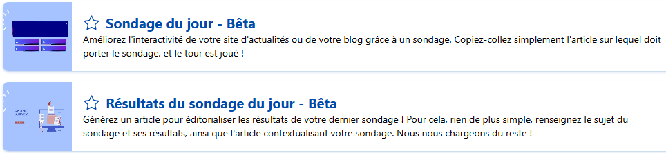 Capture des encarts de présentation des modèles "Sondage du jour" et "Résultats du sondage du jour" disponibles sur Allready. Utilisé dans l'article sur l'IA et les réseaux sociaux.