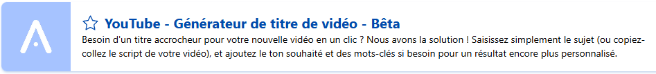 Capture de l'encart de présentation du modèle "YouTube - Générateur de titre de vidéo" disponible sur Allready. Utilisé dans l'article sur l'IA et les réseaux sociaux.