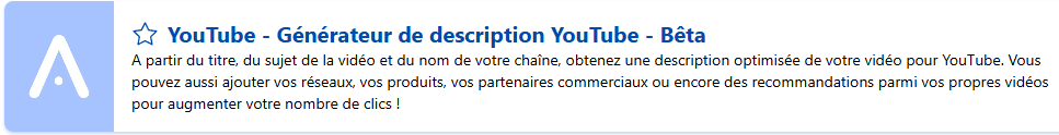 Capture de l'encart de présentation du modèle "YouTube - Générateur de description YouTube" disponible sur Allready.