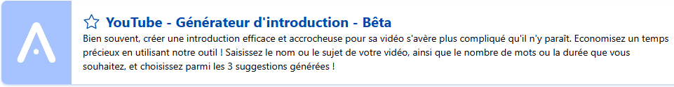 Capture de l'encart de présentation du modèle "YouTube - Générateur d'introduction" disponible sur Allready.