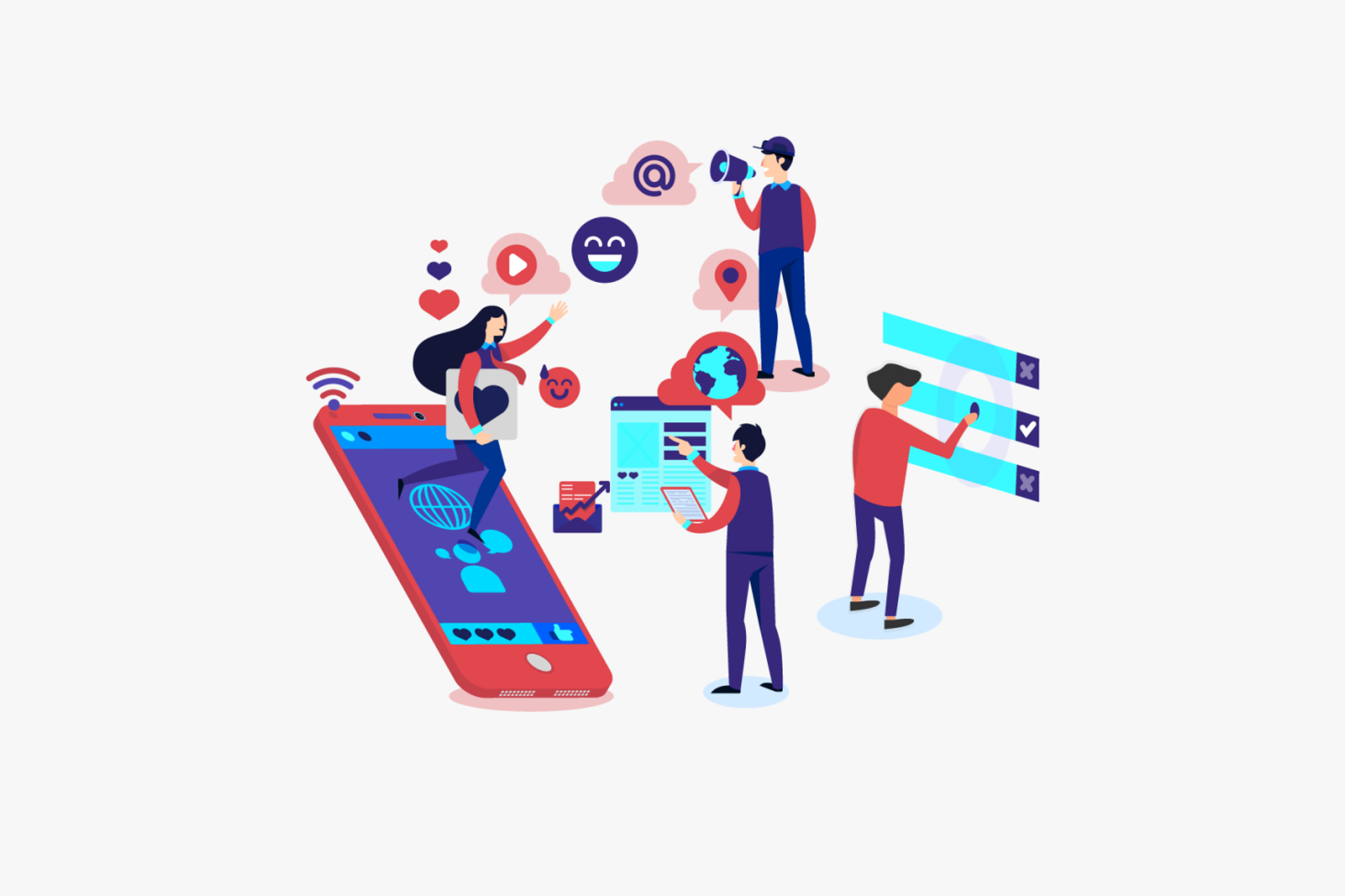 Image en flat design qui illustre l'article sur l'IA pour faire vivre ses réseaux sociaux. On voit 4 personnes affairées devant divers symboles représentant les réseaux (une arobase, une planète, un smartphone, le logo wifi, les smileys, des billes de dialogue, etc.).