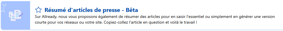 Capture de l'encart de présentation du modèle "Résumé d'articles de presse" disponible sur Allready. Utilisée dans l'article sur la Rédaction IA.